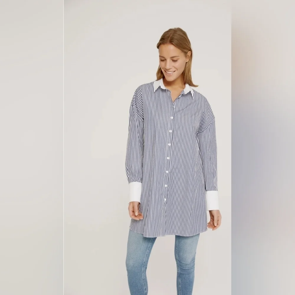 NWT! Harshman,Justine Striped Button-Down Tunic, Navy Stripes,Size XS -MSRP $205 - Picture 2 of 8